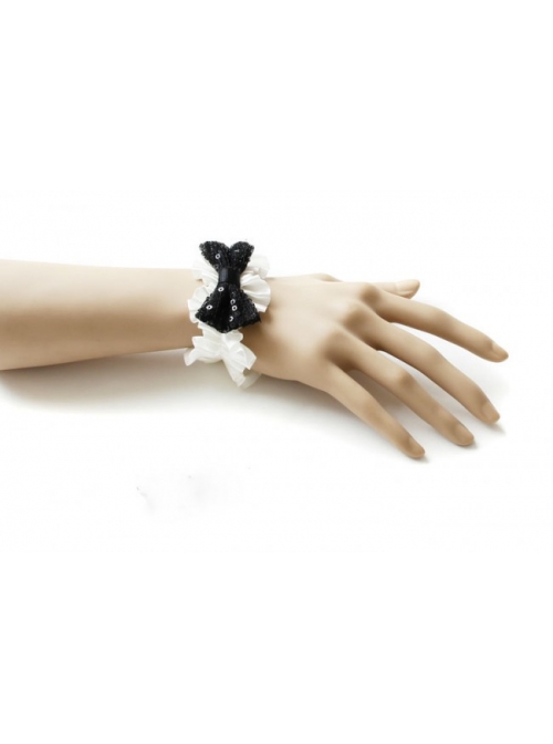 White Lace Black Sequins Bowknot Girls Lolita Wrist Strap