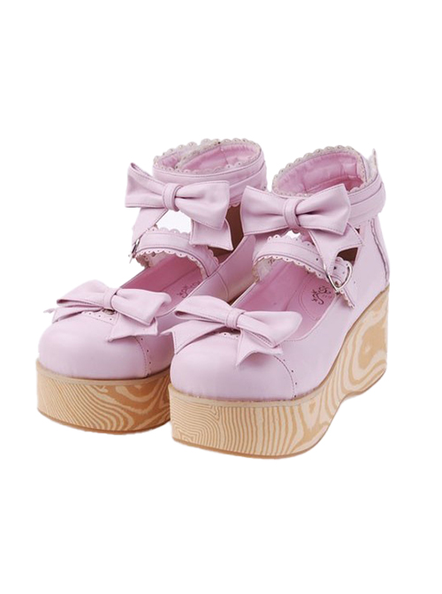 Pink 2.7" Heel High Beautiful Patent Leather Round Toe Bow Decoration Platform Women Lolita Shoes