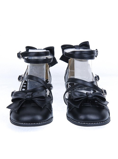 Black Flat Heel Cute Synthetic Leather Point Toe Bowknot Platform Girls Lolita Shoes