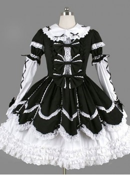 Black Bowknot Ruffles Gothic Lolita Long Sleeves Dress