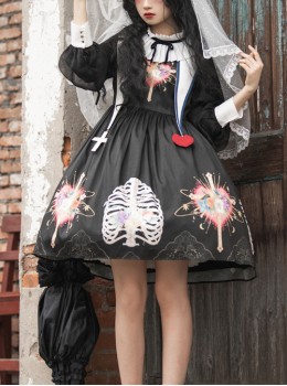 Withered Bone Flower Print Two Tone Removable Fake Collar Design Crucifix Love Decoration Lantern Sleeve Halloween Gothic Lolita Long Sleeve Dress