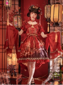 Chinese Style Printed Red Gold Color Lace Ruffled Classic Lolita Short Sleeve Dress