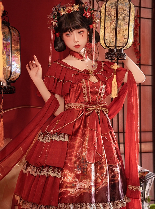 Chinese Style Printed Red Gold Color Lace Ruffled Classic Lolita