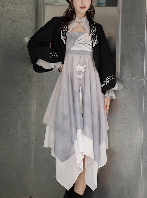Retro Chinese Style Hanfu Improved Han Element Embroidery Stand Collar Irregular Hem Fringed Decorative Design Long Sleeve Dress Suit