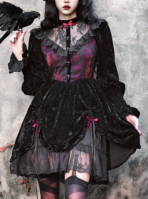 Gothic Style Dark Red Halloween Drawstring Velvet Puff Sleeves Hollow Stand  Collar Stitching Lace Design Gothic