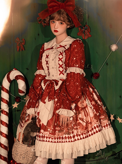 Red Festive Print Lace Hem Dress Plush Cape Christmas Sweet Lolita Long Sleeve Dress Set