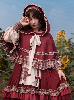 Little Red Riding Hood Series Pastoral Style Ruffled Collar Lantern Sleeve Plaid Print Hooded Cloak Classic Lolita Long-Sleeved Dress Set