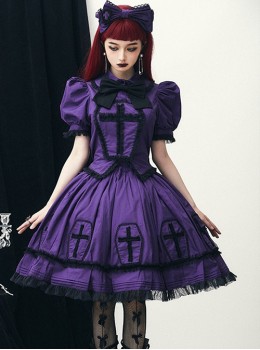 Halloween Limited Series Bowknot Lace Crucifix Puff Sleeve Gothic Lolita Short-Sleeved Blouses Half Skirt Suit