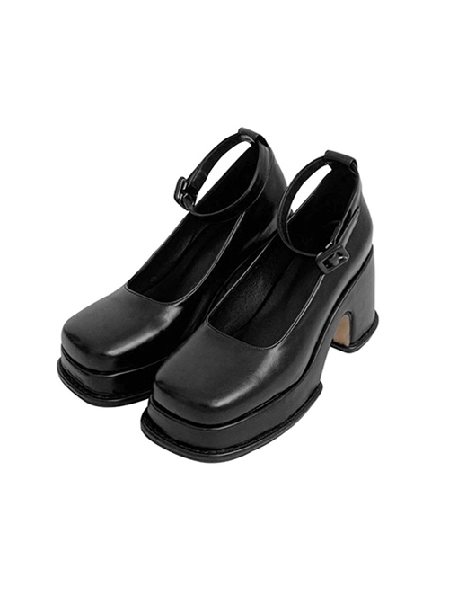 Black French Sweet Cool Square Toe Chunky Heel Mary Jane JK Student ...