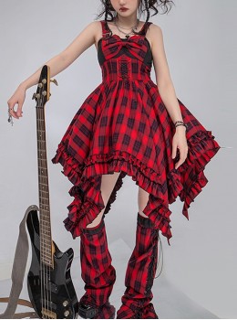 Punk Black Red Plaid Irregular Hem Lacing Autumn Winter Punk Lolita Sleeveless Dress