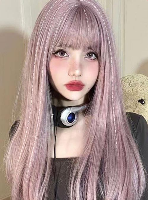 Pink-Purple Mixed Color Cute Japanese Air Bangs Long Straight Hair ...