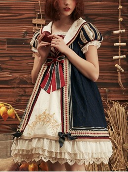 Snow White Series Classical Palace Navy Collar Printed Lace Short-Sleeved Doll Dress Classic Lolita Short-Sleeved Dress