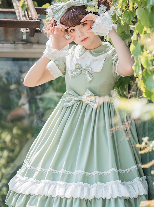 Short-Sleeved Doll Lace Green Dandelion Decoration Lolita Series Miss Fresh Bow-Knot Collar Classic Summer