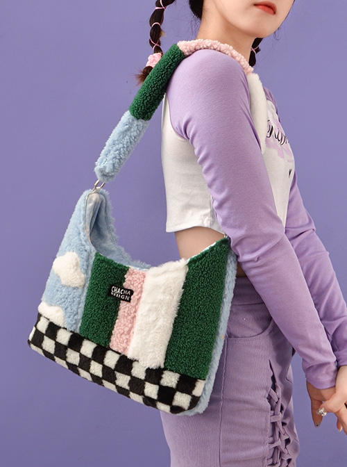 Contrasting Color Plaid Fashion Handbag