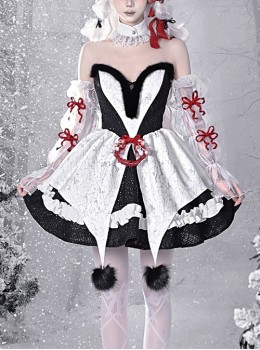 Winter Carol Series Gothic Christmas Plush V-Neck Tube Top Design Sharp Corner Hem Plush Ball Decoration Gothic Lolita Sleeveless Dress Set