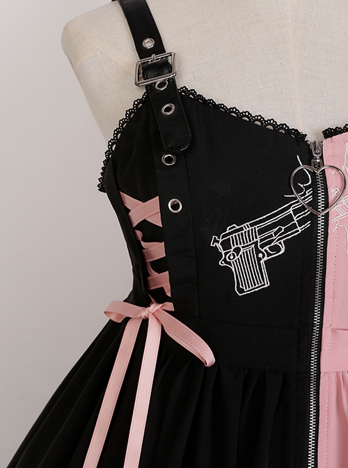 Guns N' Roses Series Black Pink Contrast Color Stitching Guns N' Roses Embroidery Irregular Hem Punk Lolita Sleeveless Dress