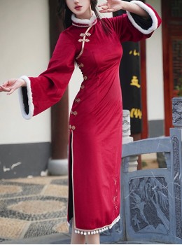 Bustling Series Chinese Style Plush Stand Collar Velvet Trumpet Sleeve Butterfly Embroidery Long Improved Cheongsam Hanfu Long-Sleeved Dress