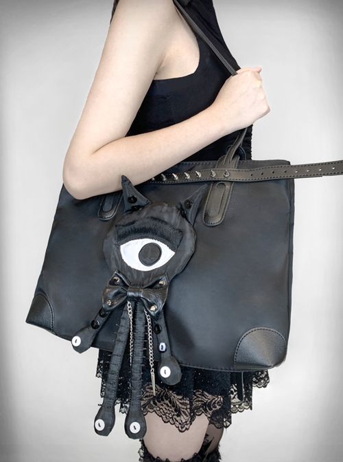 Metal Decor Shoulder Tote Bag Black Large Capacity Chain Strap