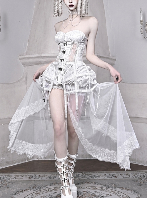 Palace Style White Slim Fit Lace Fishbone Corset Perspective Stitching  Design Gothic Sleeveless Corset Set
