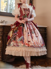 Wanhua Mirror Series Gorgeous Retro Oil Painting Printing Bowknot Lace Decoration Classic Lolita Sleeveless Dress