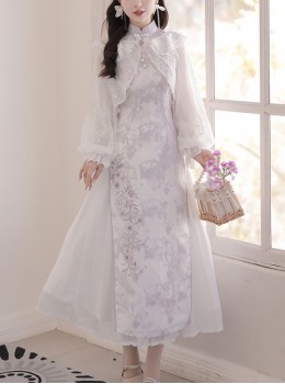 White Jacquard Long-Sleeve Coat Purple Printed Stand-Up Collar Qipao Chinese Elements Classic Lolita Sleeveless Dress Set