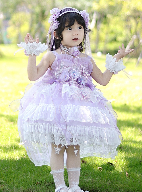 Summer Purple Three-Dimensional Flower Decoration Lace Bowknot Princess Dress Sweet Lolita  Kids Sleeveless Dress
