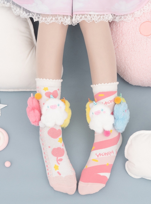 Cute Plush Monster Print Cotton Woven Sweet Lolita Socks