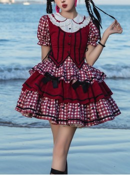 Doll Collar Red Bowknot Decoration Splicing Contrast Color Love Print False Three-Piece Design Sweet Lolita Top Skirt Set