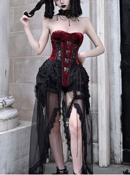 Hell Alice Series Gothic Style Sexy Black Red Velvet Binding Band Fishbone Corset Set