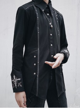 Bat Wings Series Ouji Fashion Vintage Gothic Dark Cuff Back Cross Embroidery Metal Button Black Long Sleeve Shirt