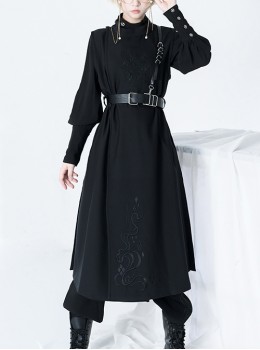 Bucket Turn Series Han Element Round Neck Embroidery Ouji Fashion Sleeveless Black Long Coat Without Shoulder Belt