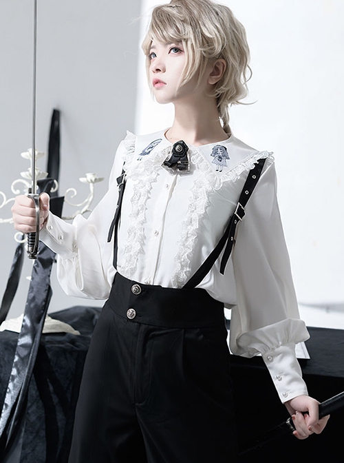 Corroding The Heart Series Gothic Style Ouji Fashion Kawaii Girl Pattern Pearl Button Ruffle Lace White Long Sleeve Shirt