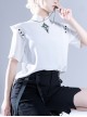 Ouji Fashion Gothic Style Stand Collar Button Black Embroidered White Short Sleeve Top