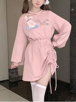 Rabbit In Cloud Series Pink Cute Hot Girl Embroidered Bunny Printing Off Shoulder Drawstring High Waist Kawaii Fashion Sweatshirt Dress