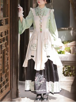 Orchid Pavilion Jackdaw Chinese Style Advanced Green Series Fake Three Pieces Splice Set Long Sleeves Ming Dynasty Mamian Pleated Dress