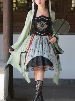 Orchid Pavilion Hidden Mountain Series Chinese Style Begonia Bamboo Leaf Snake Embroidery Calligraphy Green Classic Lolita Loose Sleeves Dress OP