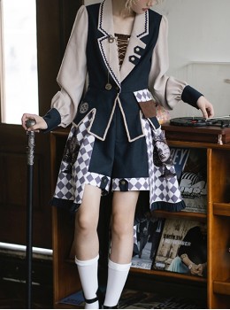 Time Traveler Ouji Fashion Navy Blue Retro British Style Clock Checkerboard Plaid Gear Refined Gentleman Tuxedo Coat Shorts Suit