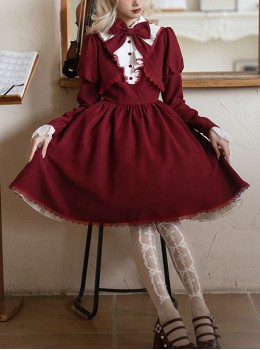 Witch Shop Series Wine Red Contrast Color Elegant Refined Lace Ruffle Collar Fake Two Pieces Gothic Lolita Puff Sleeves Dress