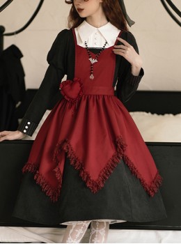 Scarlet Witch Dark Wine Red Gothic Lolita Versatile Accessories Heart Brooch V Shape Hem Lace Ruffles Apron