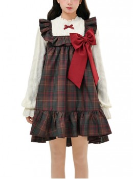 Autumn Winter Retro Sweet Ruffled Neckline Christmas Reddish Brown Plaid Big Bowknot Kawaii Fashion Vest Dress