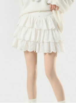 Basic Daily Versatile Fluffy Lace Sweet Cute Cake Skirt Pure Cotton Soft Kawaii Fashion High Waist White Skirt