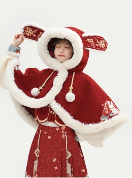 Chinese Style New Year Fortune Rabbit Red Cute Bunny Embroidery Hairball Woolen Plush Warm Hooded Coat Cape