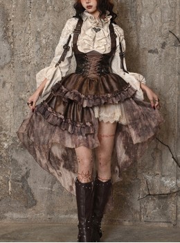 Exile Journey Series Steampunk Asymmetrical PU Maillard Brown Lace Mesh Large Hem Bust Strap Sleeveless Dress JSK