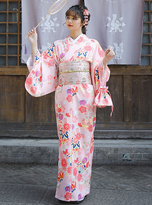 Cherry Blossom Season Kawaii Improved Formal Style Pink Sakura Yukata Kimono Japanese Fashion Wear Cute