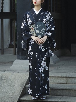 Japanese Style Formal Wear Black Cherry Blossoms Traditional Pattern Improved Festive Costumes Kimono Yukata