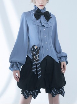 Narrative Maxim Series Ouji Fashion Haze Blue Elegant Prince Style Ruffled Small Stand Collar Lantern Long Sleeves Shirt