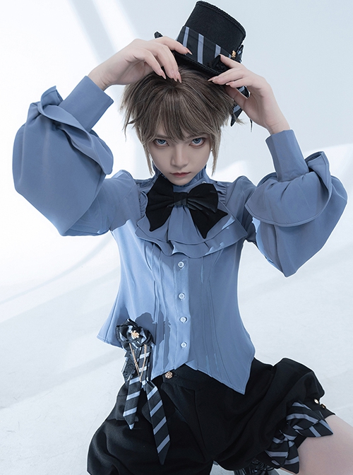 Narrative Maxim Series Ouji Fashion Haze Blue Elegant Prince Style Ruffled Small Stand Collar Lantern Long Sleeves Shirt