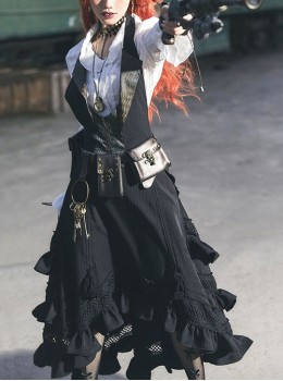 Victorian Style Black Layers Retro Versatile Gorgeous Edges Tassel Drawstring Adjustable Steampunk A Line Long Skirt