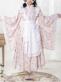 Hanamachi Chronicles Series Japanese Style Pink Kimono Elements Maid Garden Rabbit Printed Classic Lolita Apron Dress Set