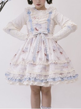 Deer Bell Maiden Series Blue White Vintage Lace Trim Bowknot Elegant Animal Print Classic Lolita Sleeveless Dress JSK